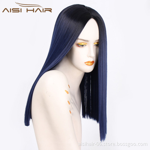 Aisi Hair Wholesale Middle Length Silky Straight Ombre Dark Blue Color Wig Afro Synthetic Cosplay Wigs For Black Women
